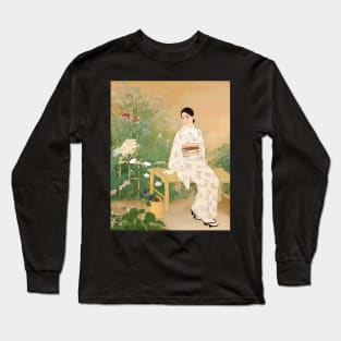 Serene Beauty: A Japanese Lady in a Summer Garden - vintage Japanese art Long Sleeve T-Shirt